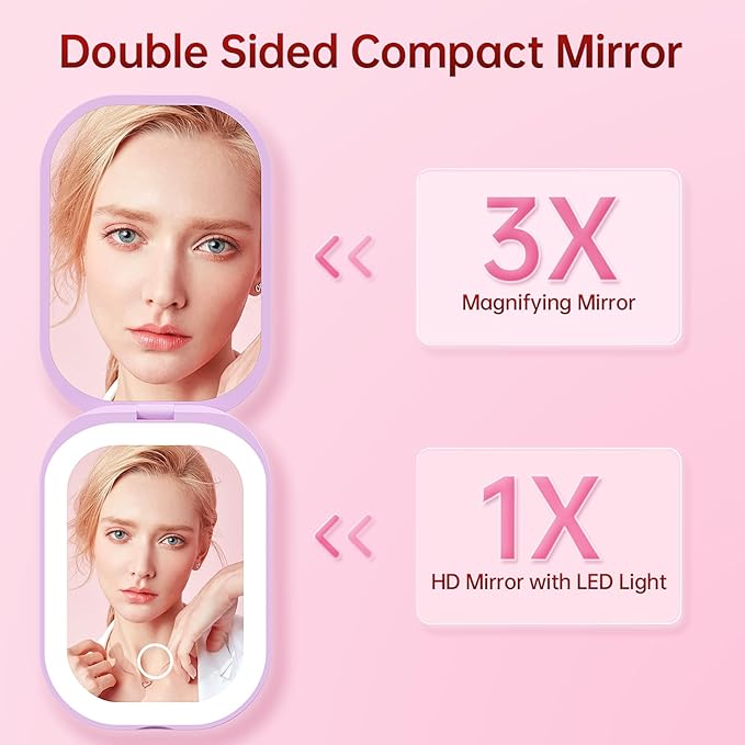 Benbilry Lighted Compact Travel Mirror with 3 Color Lights, 1X/3X Magnifying Ultra Slim Rechargeable Pocket Mirror for Purse, 2-Sided, Handheld, Folding, Portable, Purple