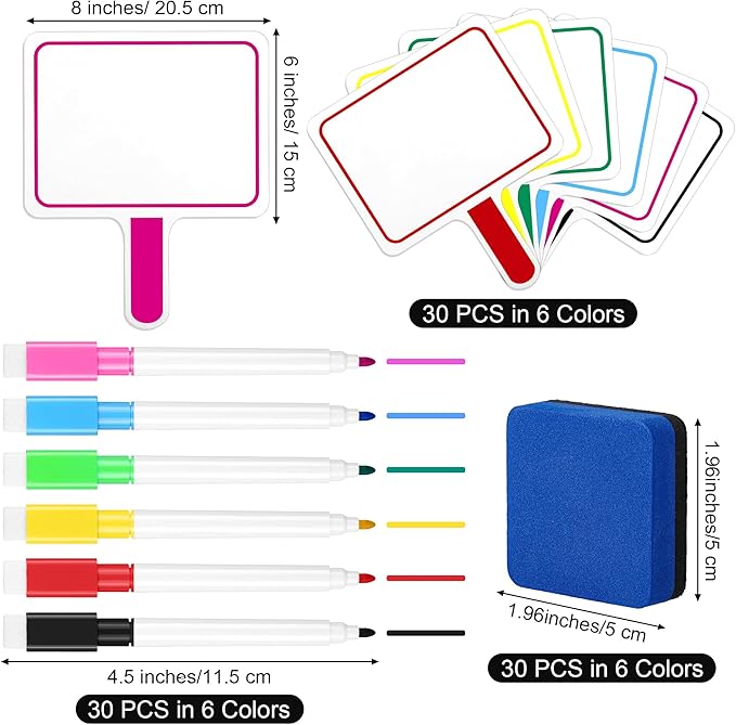 Aodaer 90 Pieces Dry Erase Answer Paddle Colorful Handheld 6 x 8 Inch Double Sided Dry Erase Paddles with 30 Dry Erase Eraser 30 Markers Mini Dry Erase Paddles for Classroom Voting & Answers Auction