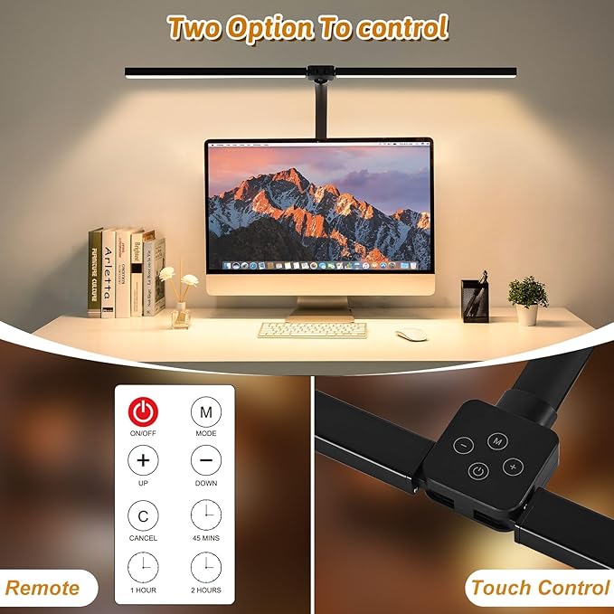 Double Head LED Desk Lamp with Timer, Remote Control 24W Brightest Computer Desk Light Office Lamp for Workbench Drafting Architect Study Reading Gaming with Anti-Glare Cover