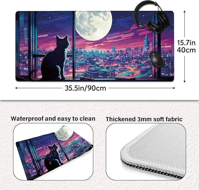 Cool Purple Moom Cat Mouse Pad, City Cats Busy Night Scene Mousead - Large Non-Slip Desk Mat for Office, PC, Laptop - 35.5"x15.7" x 3mm