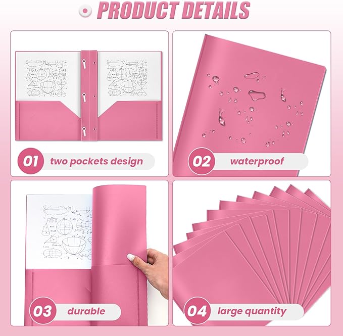 Lincia 100 Pcs Plastic Folders with Pockets and Prong Folders with Prongs 2 Pockets for Office, School for Students, Teachers, Office Workers(Pink)