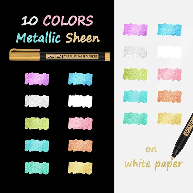 Betem Metallic Paint Markers, 10 Colors Acrylic Paint Markers for Black Paper, 2mm Medium Tips Metallic Glitter Pens for Scrapbooking, Rock Painting, Greeting Cards, Photo Albums, DIY Art Crafts