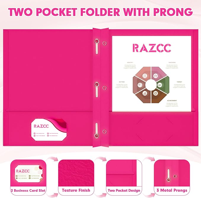 Two Pocket Folders, RAZCC 50 Pack Two Pocket Folders with Prongs, 3 Prong Folders Fit Letter Size Paper, Pocket File Folders for School Office Home Business, Magenta