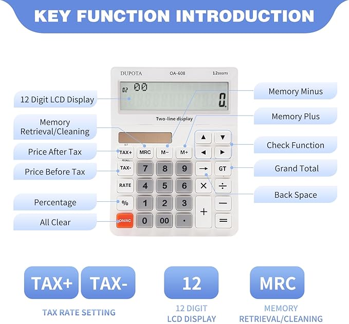 Desktop Calculator Large Display Big Buttons with 12 Digits 2-line LCD, Dual Solar Power and Battery, Calculator with Tax and Check Function for Office, Home, School and Business Large Size(OA-608)