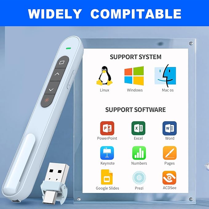 QUI Presentation Clicker for PowerPoint, RF 2.4GHz USB C Wireless Presenter Remote with Volume Control, PowerPoint Clicker Slide Advancer for Mac, Windows, Laptop, Keynote