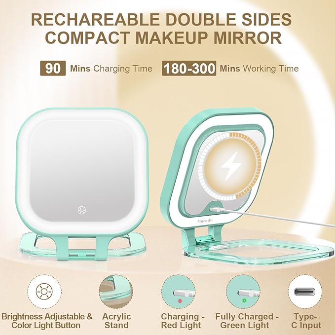 Mocado Compact Travel Makeup Mirror, 1X/20X Magnifying Mirror with Light, Double Sides Compact Mirror with 3 Color Light, Dimmable Handheld Mirror, Rechargeable Travel for Purse,Pocket(Green)