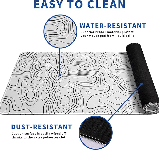 Topographic Contour Gaming Mouse Pad White Large Mouse Pad for Keyboard and Mousepad Desk Mat with 3mm Non-Slip Base and Stitched Edge for Gaming and Office Computer Mat Protector Mat 31.5x11.8 Inch