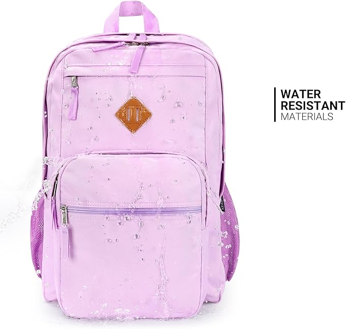 ZORFIN 26L Backpack for School, College, and Travel: Water Resistant Bookbag with 8 Compartments - Light Purple