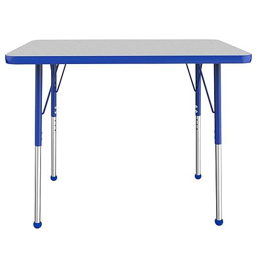 Factory Direct Partners FDP Rectangle Activity School and Office Table (24 x 36 inch), Standard Legs with Ball Glides, Adjustable Height 19-30 inches - Gray Top and Blue Edge