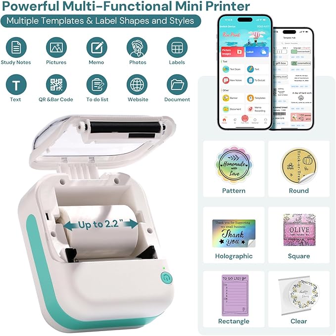 Mini Printer Portable Bluetooth Thermal Label Printer – Wireless Mini Label Maker w/4 Sticker Label Rolls,See-Through Label Window, High-Resolution Print for Home, Office, Travel