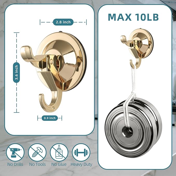 Antimbee Shower Suction Cup Hooks, 10 Pack Removable Glass Wall Holder Hook, Small Suction Utility Hook for Bathroom Kitchen Decor, Up to 11 lbs on Smooth Surface-2 Hooks Design (Gold)