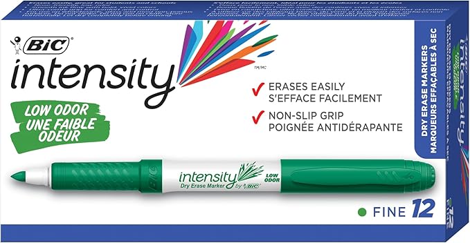 BIC Intensity Green Low Odor Dry Erase Markers, Fine Tip, 12-Count Pack of Erasable Markers With Low-Odor Ink for a Pleasant Writing Experience