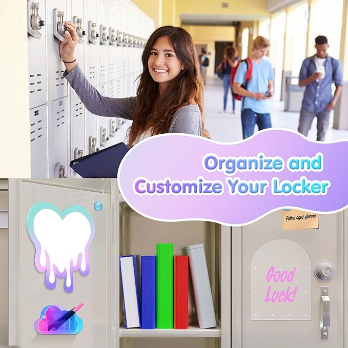MoKo Locker Accessories Set, 5 in 1 Back to School Supplies College Essentials Includes Magnetic Acrylic Board, Locker Mirror, Markers Holder, Marker Pens and Locker Magnets, Heart Shape