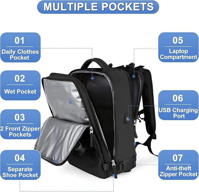 Large Travel Backpack For Women Men Airline Approved Carry On Backpack Flight Approved Waterproof Sports Luggage Backpack Casual Daypack Small Hiking Backpack Black Backpack