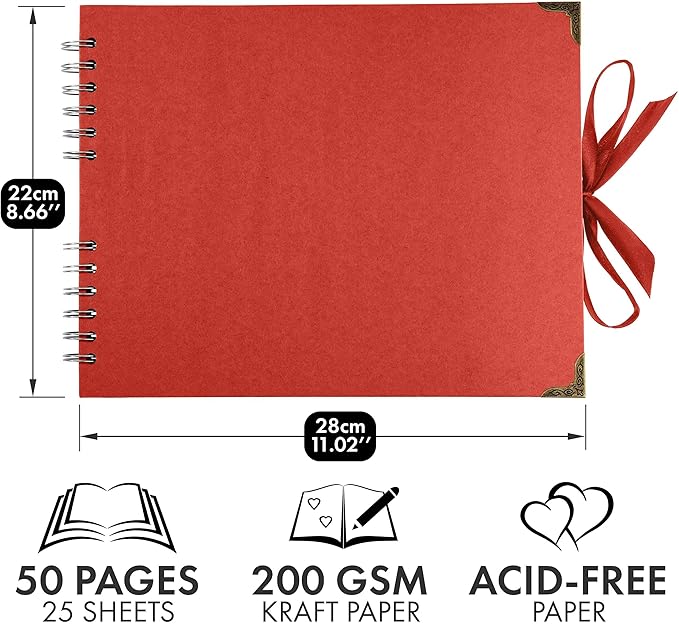 Bstorify Square Scrapbook Photo Albums 50 Pages (11 x 8.5 Inch) Red Thick Paper, Hardcover, Ribbon Closure - Ideal for Your Scrapbooking Albums, Art & Craft Projects (Red, 11 x 8.5 Inch)