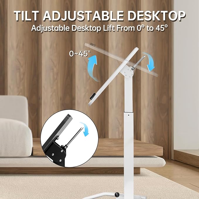 Mobile Standing Desk with 45° Tilting Desktop, Portable Rolling Standing, Height Adjustable Sit Stand Foldable with Wheels, Mobile Desk Workstation for Home Office (White, Small)