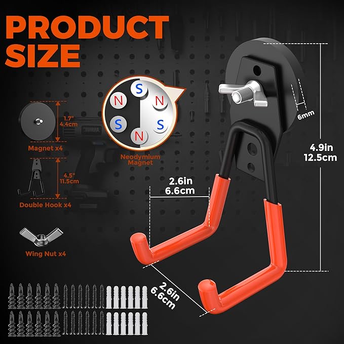 4 Pcs Large Strong Magnetic Hooks Heavy Duty Garage Big Magnet Hooks Extra Strength Magnetic Utility Storage Hook Hanger with Anti Slip Coating for Garden Indoor Outdoor Hanging Tools Orange