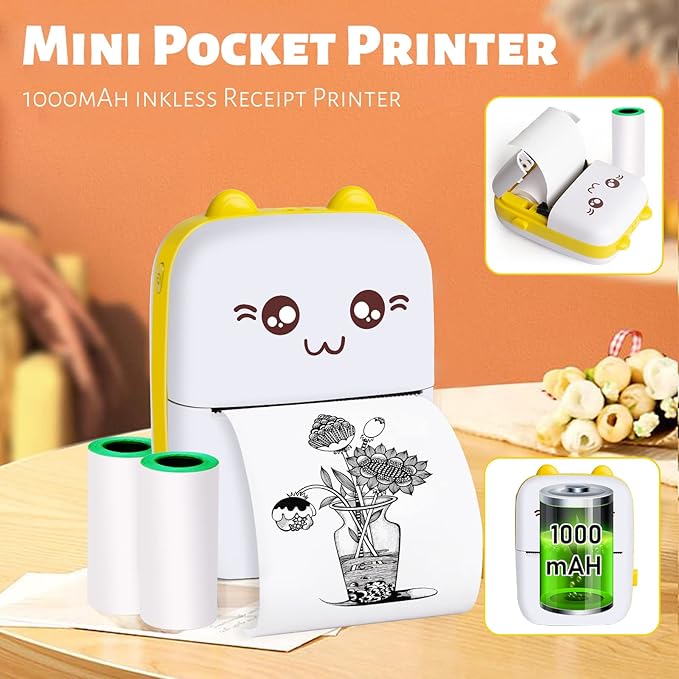 Mini Pocket Printer, Gifts for kids, Portable Thermal Printer for Pictures/Retro Photos/Receipts/Notes/Lists/Label/ Memo/QR Codes, Bluetooth Wireless Smart Printer with Android or iOS APP (Yellow)