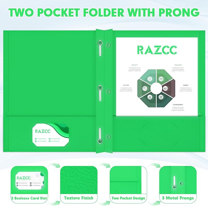 Two Pocket Folders, RAZCC 50 Pack Two Pocket Folders with Prongs, 3 Prong Folders Fit Letter Size Paper, Pocket File Folders for School Office Home Business, Green