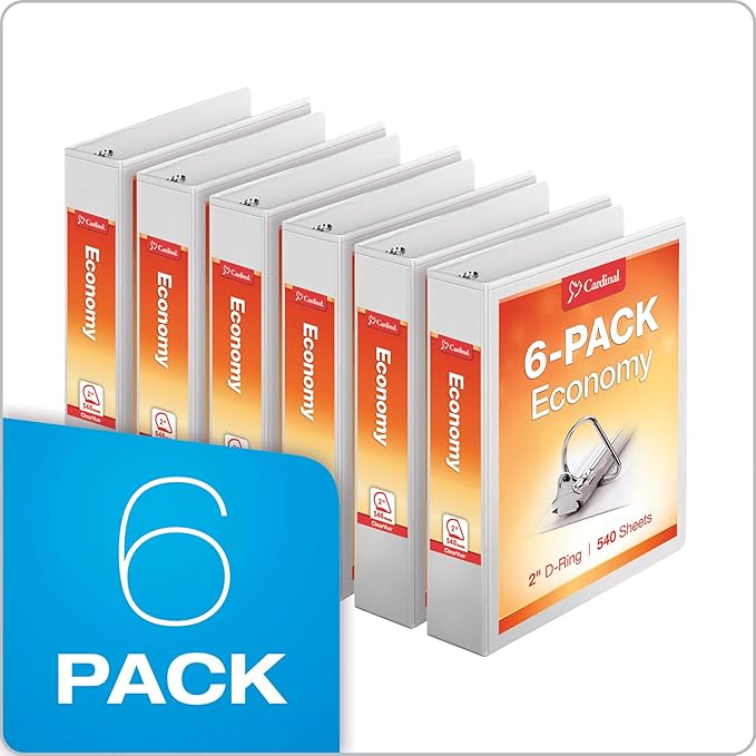 Tops Cardinal Economy 3-Ring Binders, 2", Slant-D Rings, Holds 540 Sheets, ClearVue Presentation View, Non-Stick, White, Carton of 6 (90761)