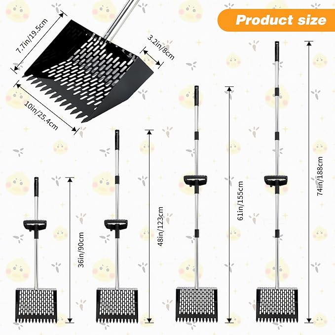 Rypet Chicken Poop Scooper & Rake 2-in-1 with Grip, 10 inches Metal Chicken Coop Scooper with Adjustable Stainless Steel Handle (36" to 74"), Sand Sifting Litter Shovel for Chicken Coops Farm Animal
