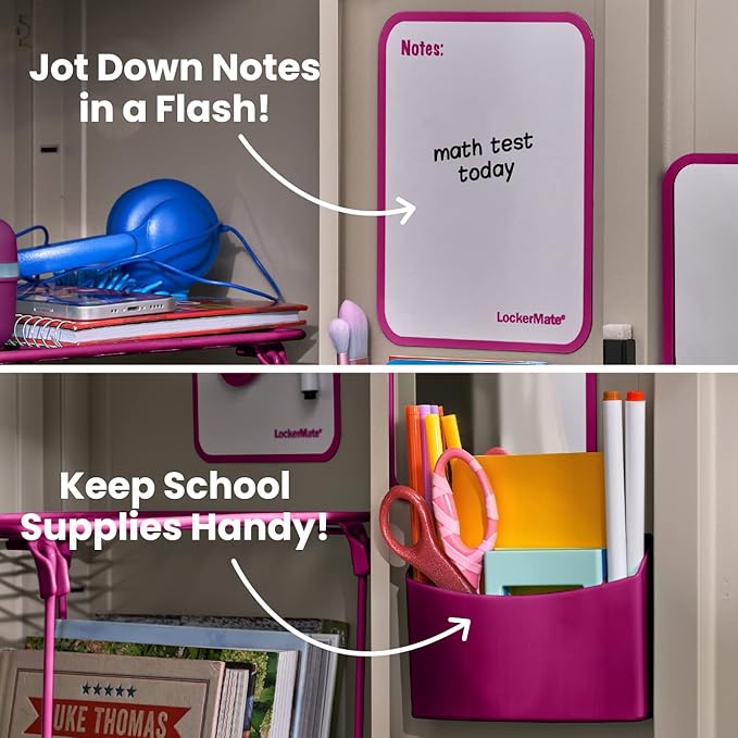 LockerMate 7-Piece Locker Organizer Kit, Includes Locker Shelf, Mirror, Whiteboard, Storage Cup & Dry Erase Marker, Pink