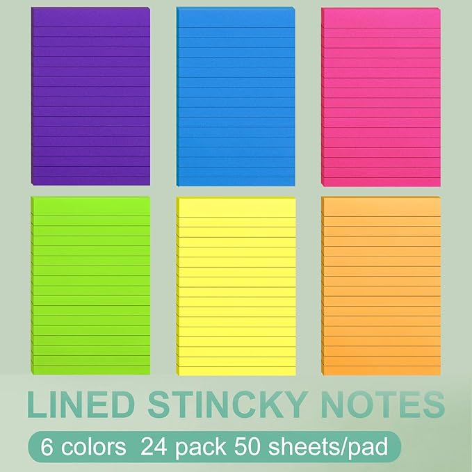 24 Pack Lined Sticky Notes 4X6 in Self Sticky Note Pads Colorful Post Stickies for Office, Home, School, Meeting, 50 Sheets/pad, (Bright Color)