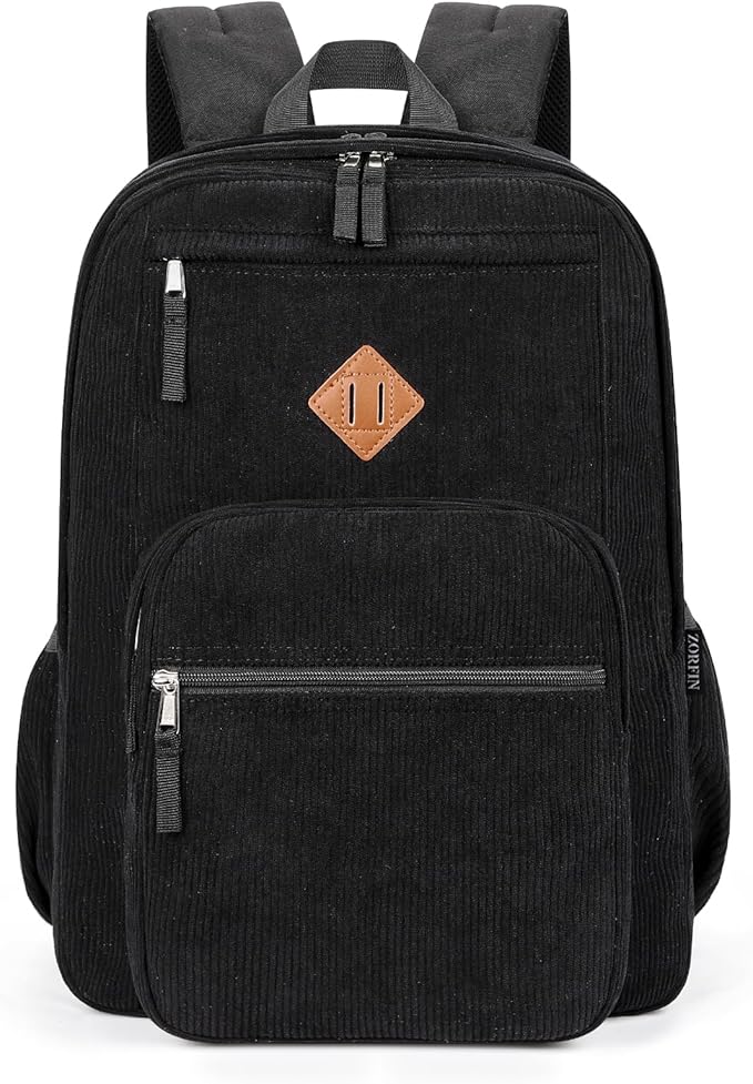 ZORFIN 26L Backpack for School, College, and Travel: Corduroy Bookbag with 8 Compartments - Black