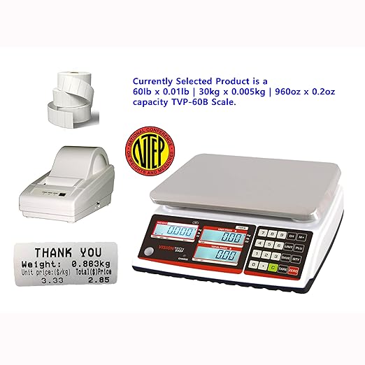 VisionTechShop TVP-60B Price Computing Scale, Lb/Oz/Kg Switchable, 60lb Capacity, 0.01lb Readability, NTEP Legal for Trade, NSF Certified LP-50 Thermal Label Printer, 1 Case of Labels LST8060