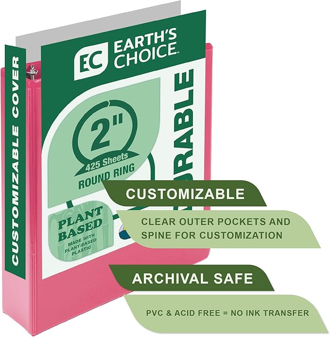 Samsill Plant-Based 2 Inch Durable Round Ring, Made in USA, View Binder, Eco-Friendly, USDA Certified Biobased, 2 Pack, Berry Pink