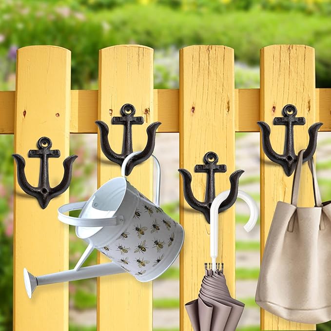 Notakia Decorative Wall Hooks Mounted Antique Shabby Chic Metal Cast Iron Nautical Anchor Design Hooks Hanger, Vintage Rustic Cast Iron Wall Hooks,Screws Included (Brown Anchor 4Pcs)