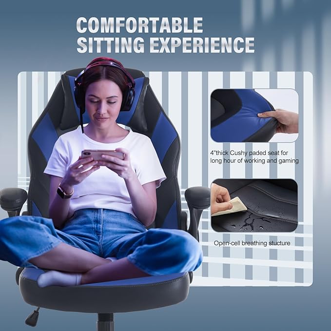 DUMOS Ergonomic Gaming Office Desk Chair with Flip-up Armrests for Adults, Height Adjustable PU Leather Video Game Computer Chair with 360° Rolling Wheels for Home and Office, Royal Blue