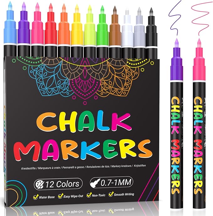 KERIFI Liquid Chalk Markers Fine Tip 1.0 mm, 12 Colors Wet Erase Makers for Chalkboard Calendar, Erasable Chalk Pens for Chalkboard, Blackboard, Bistro, Menu, Glass, Wedding Signs, 45 Labels Included