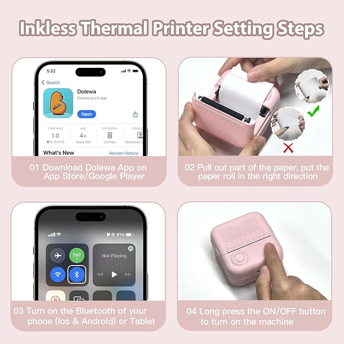 Sticker Printer Print Pods, Little Printer with 7 Rolls Thermal Printing Paper, Inkless Sticker Maker Bluetooth for DIY,Crafts,Journal,Study,Work,Compatible Phone&Tablet (Pink)