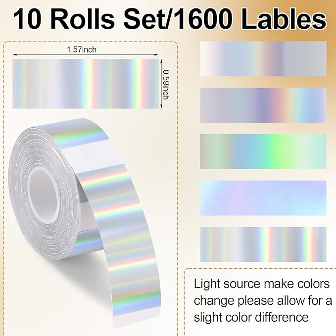 1600 Pcs Label Tapes 15 x 40 mm Laminated Stickers Replacement Compatible with D30 Portable Thermal Label Paper Printer Tapes for Office 160 Pcs/Roll (Holographic Silver)
