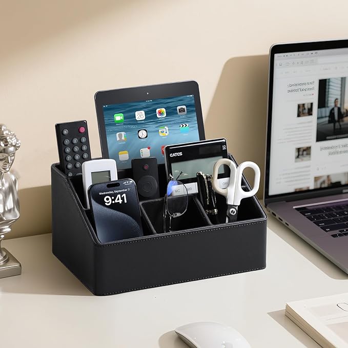PU Leather Desk Organizer, Luxury Remote Control Holder for Home, Office Desk Accessories Table Caddy Bedside Nightstand Organizer (Black)