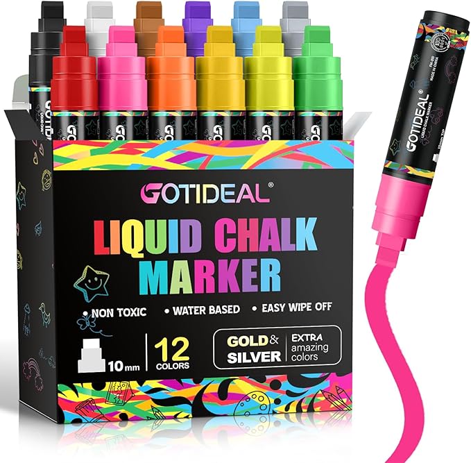 GOTIDEAL Window Markers, Jumbo Chalk Markers for Blackboard, Washable Car Marker for Chalkboard,Glass Mirrow,10mm Thick Tip12 Colors With Metallic Colors