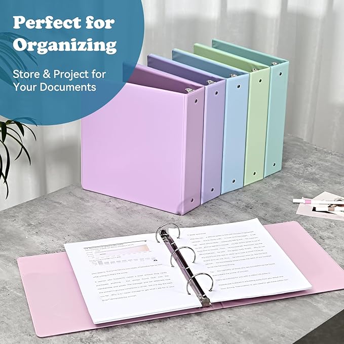 2-Inch 3-Ring Binder with Pockets, Premium 2'' Large Binders with Three Ring Binders Holds up to 450 Sheets US Letter Size, Bulk Pack of 6 (2- inch Pastel Color)