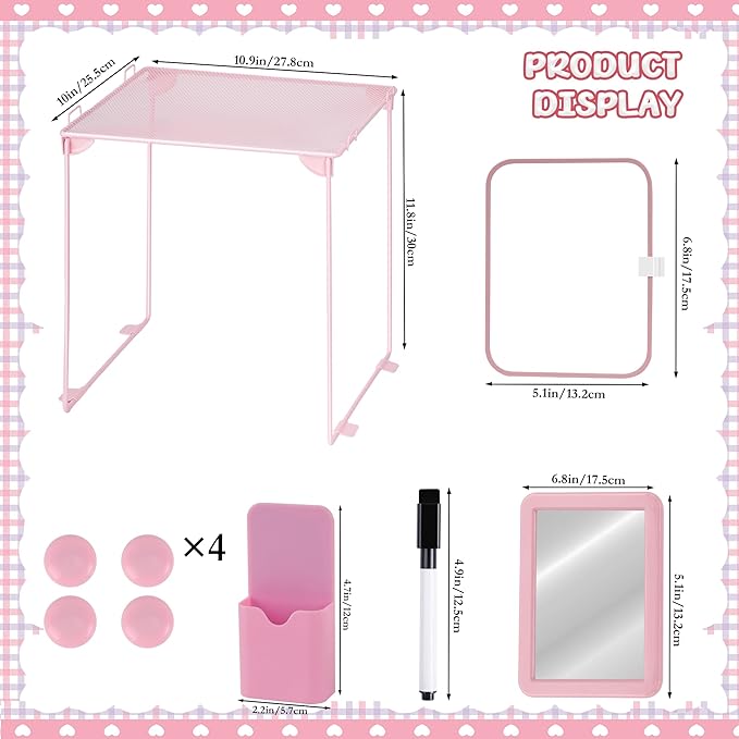 Pink Locker Accessories with Locker Shelf, Magnetic Mirror, Pen Holder, Whiteboard, Back to School Essentials Locker Organizer, 9 Piece Locker Decorations for Office School