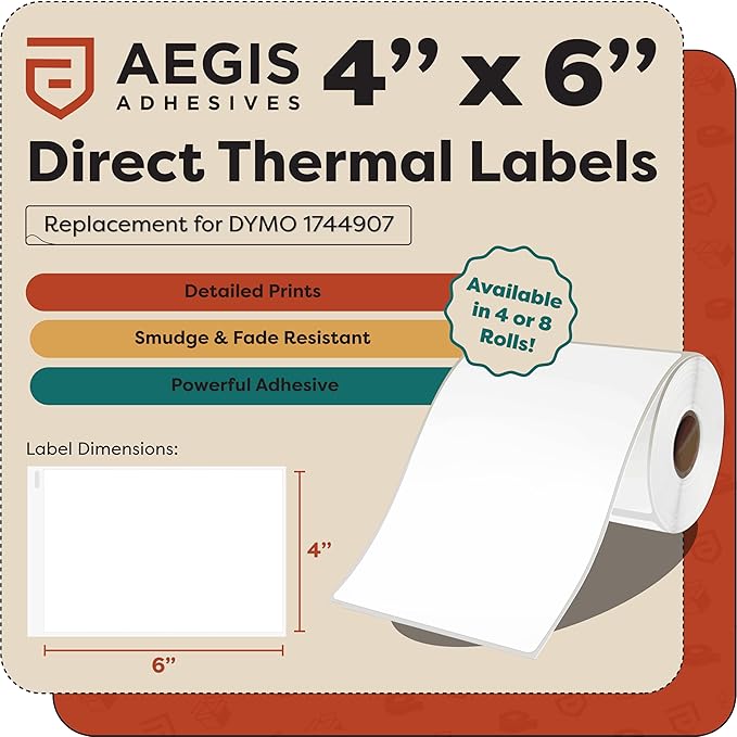 Aegis Adhesives - Compatible Direct Thermal Labels Replacement for DYMO 1744907 (4" X 6") Shipping - Use with Labelwriter 4XL Desktop Printers 4” Wide (8 Rolls)