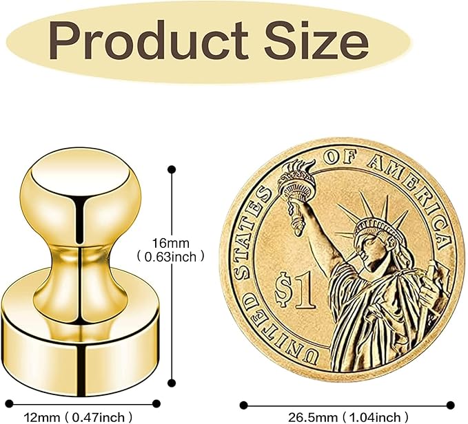 LOVIMAG Refrigerator Magnets, Fridge Magnets, Strong Whiteboard Magnet, Gold 50 Pcs Magnetic Push Pins, Strong Metal Magnet for Fridge, Whiteboard, Office, Classroom, Map, Kitchen