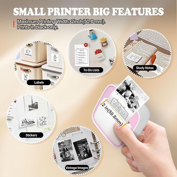 DPRT Mini Sticker Printer - S1 Portable Sticker Maker Machine with 1 Roll Sticker Paper, Bluetooth Print Pods Pocket Printer for Study Notes, Graphics, Students, Kids Gift, Free App, Pink