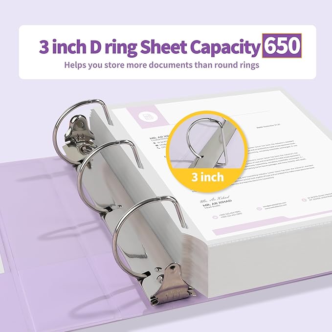 SUNEE 3 Ring Binder 3 Inch D Ring, Clear View Binder Three Ring PVC-Free (Fit 8.5x11 Inches) for School or Office Supplies, Purple, 2 Pack