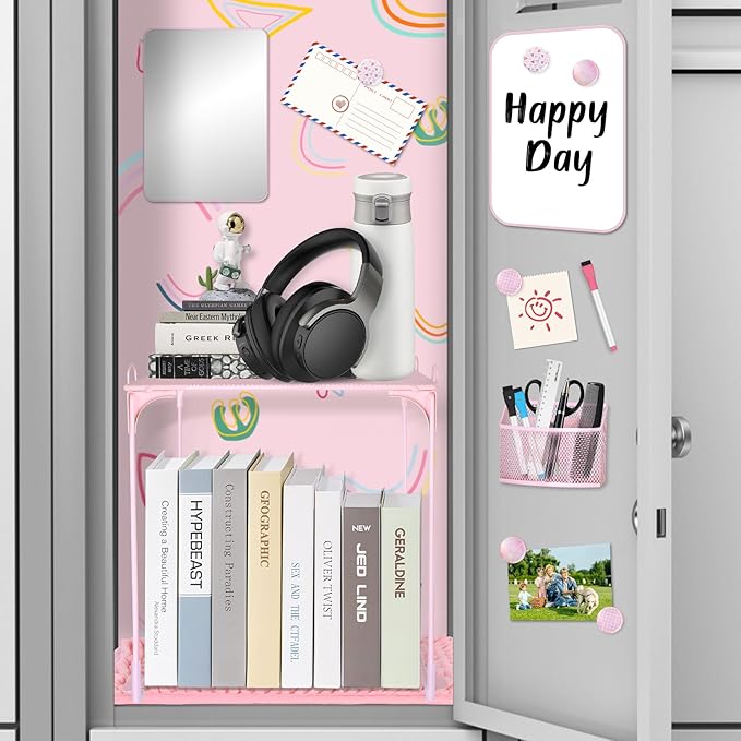 16 Pcs Pink Locker Accessories for Girls, Locker Organizer & Decorations with Shelf, Rug, Magnetic Wallpaper, Mirror, Whiteboard, Pen Holder, Markers, Magnets for Back to School Office Gym