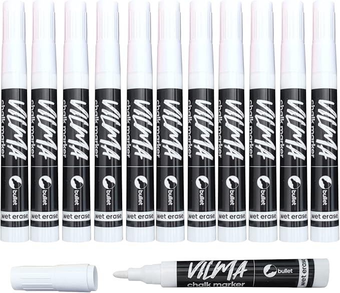 Vilma White Liquid Chalk Markers - Wet Erase, Window Markers for Chalkboards, Blackboards, Glass, 12 Pack
