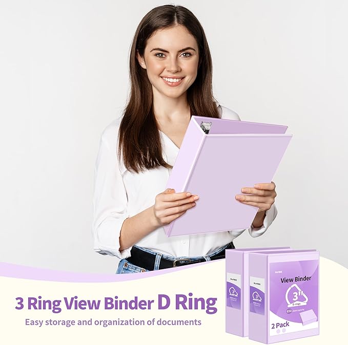SUNEE 3 Ring Binder 3 Inch D Ring, Clear View Binder Three Ring PVC-Free (Fit 8.5x11 Inches) for School or Office Supplies, Purple, 2 Pack