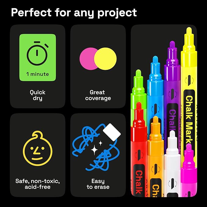 ARTISTRO Liquid Chalk Markers, Erasable, Pre-Activated Medium Tip for Glass or First Day of School Sign, Chalkboard Markers with White Chalk for Kids & Adults (Chisel Tip)
