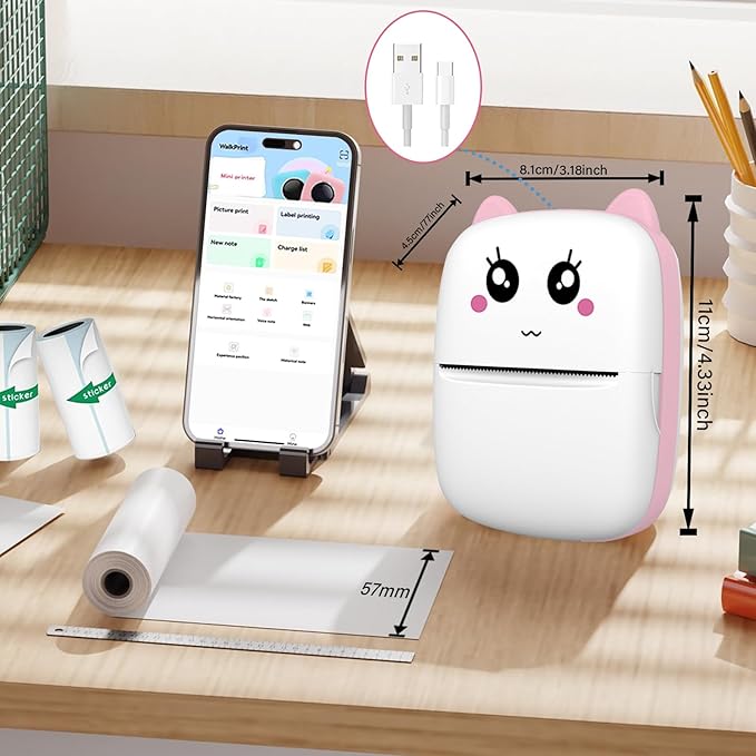Mini Sticker Printer, Pocket Thermal Sticker Printer Machine, Thermal Bluetooth Sticker Maker with 11 Rolls Paper, Portable Receipt foe Study Notes, Memo, List, Work Plan, Gift