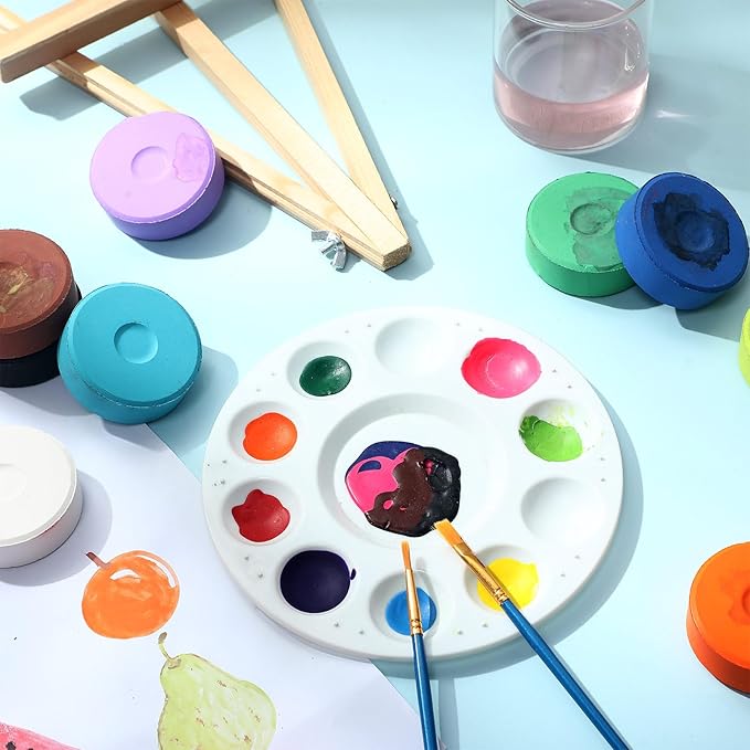 Nuanchu 144 Pcs Tempera Paint Cakes with Tray 12 Colors 2.24 x 0.71 Inch Painting Cakes with Paintbrush Paints Blocks Art Supplies for Art sessions Drawing Artists Beginners 12 Set