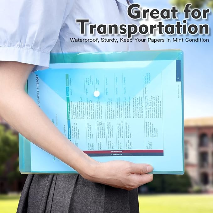 LEOBRO File Folders, 24 PCS Plastic Folders for Documents, A4 Plastic Envelopes with Snap Closure, Letter Size Clear Envelopes Folders, Reusable File Bags, Document Holder